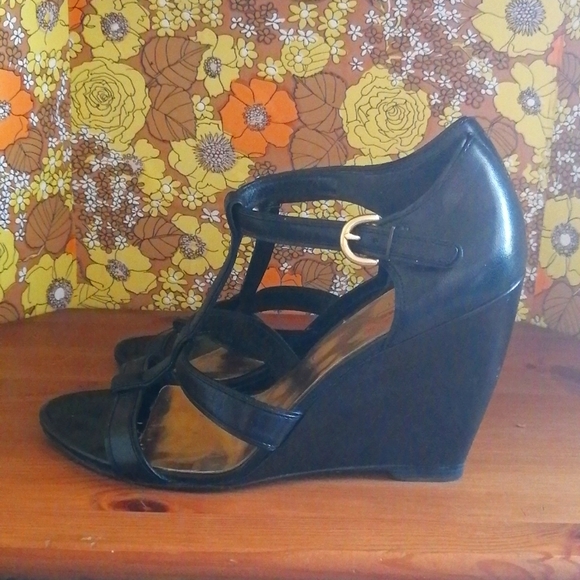COACH Black Leather wedge heels open SANDALS 8 B - Picture 3 of 5